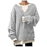 Alwayswin Damen Strickpullover Winter Warm Langarm Pullover Mode Gestrickte Leinen Sweater Strickpullover Hanfmuster Lässiger Sweatshirt Einfarbig Locker Elegant Damenpullover Ob