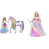 Barbie GWM78 - Dreamtopia Magisches Zauberlicht Einhorn mit Berührungsfunktion, Licht und Sound & GFR45 - Dreamtopia Ballkleid Prinzessin Puppe mit blonden Haaren, Puppen Spielzeug und Puppenzubehö
