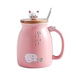 Katzen-Tasse Süße Keramik Kaffeetasse mit Deckel,Edelstahl Löffel, Neuheit Morgen Cup Tee Milch Weihnachten Becher Geschenk 380ML (Rosa)