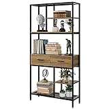 Bücherregal Standregal mit 2 Schubladen und Ablagen Raumteiler Regal aus Holz und Metallrahmen für Büro Wohnzimmer Schlafzimmer Küche industriell stabil Vintage Hellbraun LBH：90x30x180