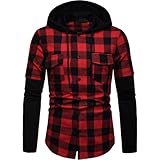 Segindy Herren Kapuzenshirt mit Nähten Modisch kariert Farbblockierung Slim Fit Bequemes Langarmhemd mit Doppeltasche XL