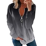 Kookmean Langarm-Shirt für Damen, sexy Reißverschluss, V-Ausschnitt, Batik-Optik, Sweatshirts, lässig, einfarbig, Pullover, grau, 42