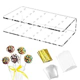 SelfTek Lollipop Halter, 20 Löcher Lollipop Ständer Cake Pop Halter Cake Pop Ständer mit 100 Stück Cellophantüten,Lutscher Sticks,Gold Metallic Twist Krawatten 16 X 9 X 3.8