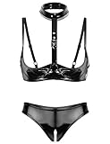 Oyolan Damen Wetlook Dessous Set Lackleder BH Crop Top mit High Cut String Hotpants mit Reißverschluss Frauen Lingerie Gogo Clubwear Schwarz F S