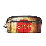 tizorax Stop Schild auf Grunge Holz Hintergrund Bleistift Fall PU Leder Studenten Stationäre Pen Tasche Make-up Kosmetik