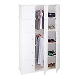 Relaxdays Regalsystem Kleiderschrank mit 11 Fächern, Garderobe mit 2 Kleiderstangen, DIY Kunststoff Steckregal, weiß