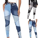 JIAYOUA Damen Skinny Patchwork Jeans Shaping Slim Fit Denim Hohe Taille Straight Leg Jeans Hosen Stretch Lang Knopfleiste Vintage Jeanshosen mit Tasche Boyfriend Bootcut F