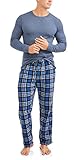 Hanes Mens Adult Xtemp Long Sleeve Crew Shirt & Fleece Plaid Pant Pajamas PJ Set - Blue Heather,Blue Heather,Larg