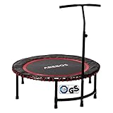 Arebos Fitness-Trampolin mit Haltegriff | T-Stange Haltegriff höhenverstellbare| Ø 114 cm | bis 120 kg | TÜV-geprüft | leise Gummiseilfederung | Rund | Rot | Jumping Fitness Tramp