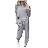 BGTKHKS Jogginganzug Damen Stretch Freizeitanzug Fitness Set Velours Trainingsanzug 2 Teilig Set Langarm Sweatshirt Pullover Top + Lange Hose Einfarbig Sportanzug Yoga Gym Sportswear O