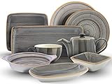 Sevenler Handmade Dark Kombiservice 32-teilig I Essgeschirr handbemalt Braun I Geschirr-Set für 6 Personen I Moderner Tafelservice aus Premium Bone Porzellan I spülmaschinenfest und mikrow