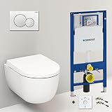 Spülrandloses Hänge Wc mit Spülkasten 54cm I Wand WC ohne Spülrand mit Geberit UP320 Vorwandelement und Sigma01 Betätigungsplatte I Randloses Hänge WC Komplettset Weiß M