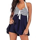 Zweiteilige Badeanzug Damen Bauchweg Tankini GroßE GrößEn Bademode FüR Mollige,Kanpola Badekleid Mit Hotpants Neckholder Bikini Bademode Streifen Beachwear S