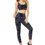 HEMEAN Damen Camouflage Sport Fitnesshose,Sport Weste BH + Hose Hohe Taille Leggings Yoga Fitness Casual Anzug M Schwarze Tarnung