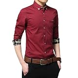 HUWAIYUNDONG Herren-Hemd - Formal Up Plus Size Herren Plaid Baumwollhemden Herren Button Down Langarm Slim Fit Business Casual Fashion Umlegekragen Hemd,Rot,XXL
