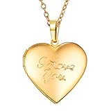 U7 Herz Medaillon zum Öffnen 18K Vergoldet Photo Bilder Amulett I Love You Gravur Herz Anhänger Halskette Herzanhänger Modeschmuck Accessoire für Damen Mädchen M