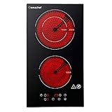 Domino Glaskeramikkochfeld, AMZCHEF Doppel Glaskeramik Kochfeld mit Schwarz Polierter Kristallglasoberfläche,3-Stunden-Timer und 9-Leistungsstufen-Einstellung,Kindersicherung,Geeignet für Alle Töp