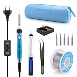 Lötkolben Set, ONEAMG Lötkolben Kit Lötset 60W, Digitale Lötstation Temperatur Regelbar und EIN/AUS-Schalter, Soldering Iron Kit 220V mit 5 Lötspitzen, Entlötpumpe, Lötkolbenständer, Lötzinn,