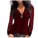 Yowablo Longshirt Damen Oberteile Tshirt Langarm Shirt Bluse Tunika Tops Damen Mode Casual Lace Mesh Stitching V-Ausschnitt Reißverschluss Langarm ( L,1Wein )