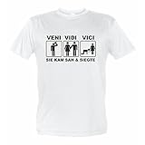 Junggesellenabschied T-Shirt Motiv Veni VIDI VICI SIE KAM SAH & SIEGTE (XXXL, weiß)