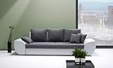 lifestyle4living Big Sofa in grau weiß mit Schlaffunktion und Bettkasten, Kunstleder | XXL Couch inkl. 3 extragroßen Rücken-Kissen und hochwertiger Wellenfederung