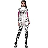 NooobTerrm Damen Halloween Karneval Kostüm 3D Skelett Langarm Overall Rücken Zip Catsuit Bodycon Ganzkörperanzug Cosplay Bodysuit(L, Spinne weiß)