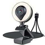 1080p Full HD Webcam mit Mikrofon & Autofokus – 2k Megapixel Streaming Cam mit Ringlicht – USB PC Kamera - Facecam Plug & Play + S