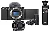 Sony Alpha ZV-E10 | APS-C spiegellose Wechselobjektiv-Vlog-Kamera + GP-VPT2BT Bluetooth Handgrip for Selfies and Vlogging + Wireless Microphone + Zoom L
