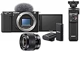 Sony Alpha ZV-E10 | APS-C spiegellose Wechselobjektiv-Vlog-Kamera + GP-VPT2BT Bluetooth Handgrip for Selfies and Vlogging + Wireless Microphone + Zoom L