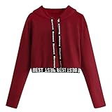 Supertong Sweatshirt Damen Hoodie Crop Pullover Brief Drucken Kapuzenpullover Einfarbig Casual Langarm Kordelzug Hoodies Kapuzenpulli Jugend mit Kapuze Pulli Kurzer Langarmshirt Ob