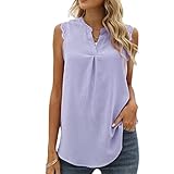 Buby Damen T-Shirt Einfarbig Frühling Sommer Lockere Passform Ärmellose V-Ausschnitt Aushöhlen Spitzenbesatz Bluse Frauen Lässig Modisch Bequem Klassisch Baumwolle Chiffon Crop Tanktop Weste H