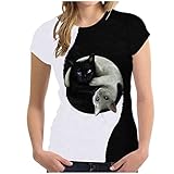 GOKOMO Lustige 3D Katze Drucken T-Shirt Damen Schwarze und Weiße Katze Top Bunt Shirt Bluse Hemd Sommer Lustige Muster Sommer Top für Damen Short Sleeve O-Neck Oberteile(XXL,5-Beige)