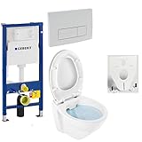 GEBERIT Duofix Vorwandelement Basic + Wand Tiefspül WC LIFE SPÜLRANDLOS + WC-Sitz + Betätigungsplatte DELTA51