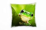 Paul Sinus Art Tiere, Macro, grün, hinter Blättern versteckter Frosch Deko Kissen 40x40cm für Couch Sofa Lounge Zierkissen - Dekoration zum Wohlfü