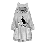 Sweatshirt mit Katzenohren und Stickerei, dicke Sweatshirts für Damen, Kapuzenpullover, Fleece, Wintermäntel, Übergröße, Kapuzenjacke mit Taschen, grau, 54