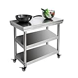 SHIJIANX Arbeitstisch -Edelstahl Catering Arbeitstisch,Lebensmittel Zubereitungstisch mit Nachlauf Gewerbliche Arbeitstisch für Küche Bar 4 verstellbare Füße-Mit 4 R