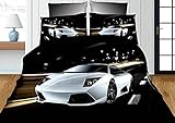3D Bettwäsche Weißes Auto Bettbezug-Set Rennauto 135x200 + Kissenbezug 80x80 cm Rennwagen Wendebettwäsche 2 Teilig Schwarz Weiß Grau mit Reiß