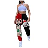 Warme Sherpa Gefüttert Jogginghose Damen Weihnachten Drucken Festival Kordelzug Sportlich Hose mit Taschen Fleece Winter Sporthose Elastic Taille Street Jogger Laufhose Baggy Workout Lounge H