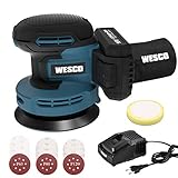 Akku Exzenterschleifer, WESCO 18V 2.0Ah Akku Schleifer mit Akku, Schleifmaschine Ø 125mm, Staubfangbehälter, Ladegeräte, 6 Leistungsstufe von 3000 bis zu 11000/min, 12PCS Schleifpapier, Polierschw