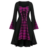 BIBOKAOKE Mittelalter Kleid Damen Blusenkleid Kariert Flare-Ärmel Lässige Kleidung Gothic Steampunk Schnürung Abendkleider Cosplay Kostüm Frauen Karneval Kleidung Asymmetrisch Midik