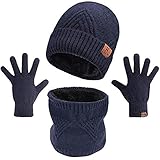 Shmily Girl Winter Warme Mütze Loop Schal Handschuh 3 in 1 Sets für Damen und Herren （Navy blau）