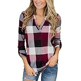 HUBA Bluse Damen Oberteile Langarm V-Ausschnitt Elegant Casual Tops Lose Kariertes Holzfällerjacke Oversized Hemdbluse Langarmshirt Longshirt Tshirt Tunik