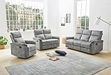 lifestyle4living Couchgarnitur in Grau Vintage, Velour-Stoff | Polstergarnitur mit Relaxfunktion, Garnitur bestehend aus Relax-Sessel, 2-Sitzer und 3-Sitzer Relax-S