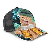 Oaieltj Unisex Baseball Cap Damen Herren Klassische Baseball Cap Verstellbare Snapback Mesh Trucker Hut Sonnenhut, Coole Katze mit Hut, Bierbecher, lustiges Getränk., O