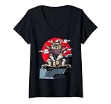 Damen Samurai Cat Japanese Katana Warrior Ninja Schwert Vintage Herren T-Shirt mit V