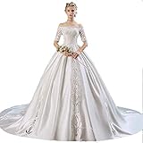 Brautkleid Halbarm Schulterfrei Blumenapplikationen Kapelle-Schleppe Ballkleid Brautkleid Prinzessin Kleid Vintage Bodenlang, C-F, Elfenbein, 3XL