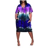 BOOMJIU Damen Sommerkleid Casual Tie Dye Druck V-Ausschnitt Kurzarm Freizeitkleid Loose Strandkleid Minik
