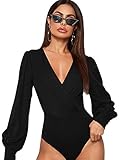 DIDK Damen Bodys Elegant Wrap Bodies V-Ausschnitt Mesh-Langarm Bodysuit mit Laternenärmeln Einfarbig Oberteil Langarmshirt Schwarz S