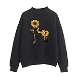 Damen Mode Casual Sonnenblume Elefant Print Sweatshirt Rundhals Langarm Lose Solide Sport Tops Pullover, Schwarz02, 46