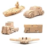 YLPCK 56-teiliges Technik-Modellbausatz aus Holz, Bausatz zum Zusammenbauen von Robotern, Pädagogisches Spielzeug, Typ 3 Jeep + Tank + U-Boot + Kämpfer + Hubschrauber Transformierrob
